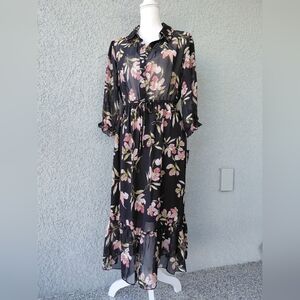 NWT STELLA & JULIE Black Floral Long Sleeve Midi Dress 10